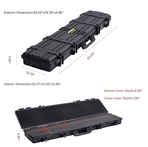 MEIJIA Portable Waterproof All Weather Hard Rifle Case,Soft Handle Grip,Customizable Fit Foam Inserted,without wheels,Black - size: 53INCH
