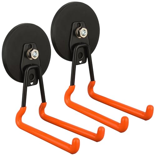 MUTUACTOR Updated Super Strong Magnetic Hooks,40lbs Anti-Scratch Large Garage Hooks for Hanging,2-Pack Magnetic Hooks Heavy Duty for Organizing Heavy Impact Drivers Trailer Cord Garden Tool Box - style: Updated 3.46in Magnet L Red Hooks 2PCS