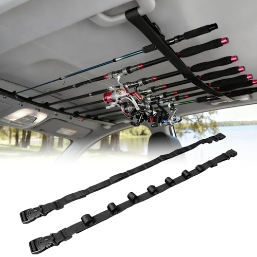 2 Pack Adjustable Fishing Rod Holder for Car, 7 Rod Capacity Fishing Pole Roof Rack Inside, Adjustable 35.4-43.3 in, Fishing Pole Hanger Straps for Wagons, Truck