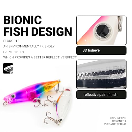 3D Lifelike Fishing Lures with Zigzag Action – Topwater Hard Bait Jigs for Bass, Trout, Walleye, Pike, Salmon – 5 Pc, High Carbon Steel Treble Hooks, Fresh/Saltwater