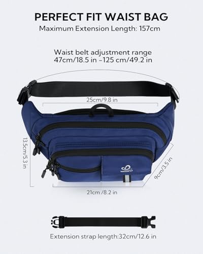 WATERFLY Fanny Pack Waist Bag: 3L Waist Pack with Anti-Theft RFID Blocking, 9 Pockets & Adjustable Belt Water Resistant Hip Pack for Women Men Travel Hiking Running - color: Navy Blue