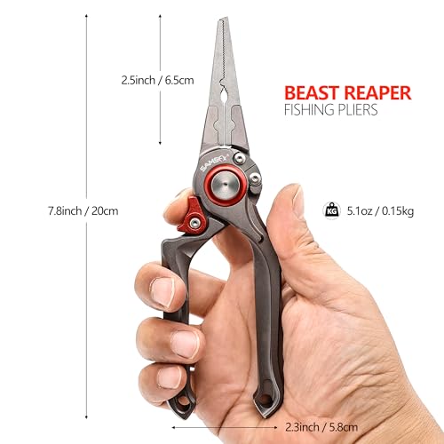 SAMSFX Fishing Pliers, Muti-Function Fly Fishing Tools, 8" Saltwater Resistant Gear Hook Remover Split Ring Tungsten Cutters, with Lanyard & Sheath - color: Red Fishing Pliers with Dehooker