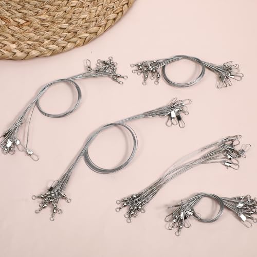 50 Pcs Fishing Leaders with Swivels, Steel Wire Fishing Leader | High-Strength Anti-Bite Wire Leader Line Kit for Saltwater Freshwater, Connects Lures, Hooks, Rigs (Green, 4/6/8/10/12 Inch) - color: Silver
