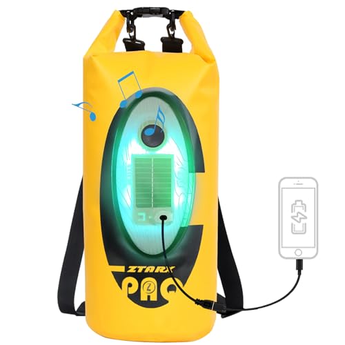 Qoolife Dry Bag Waterproof with Solar Bluetooth Speaker & Light - 10L/20L Roll Top Dry Sack Keeps Gear Dry for Men Women Kayaking, Beach, Rafting, Boating, Hiking, Camping and Fishing - color: Yellow with BT Speaker, size: 10L
