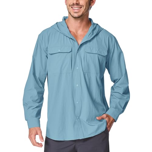 Mens Sun Protection Hiking Fishing Safari Shirts with Hood Long Sleeve Outdoor Quick Dry Shirts Hoodie - color: 5105 Blue, size: Large
