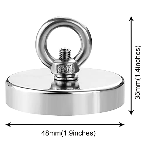 DIYMAG 2Pack 270 lbs(123 KG) Pulling Force Powerful Fishing Magnets,with Countersunk Hole Eyebolt, Diameter 1.88 inch(48 mm), for Retrieving in River and Magnetic Fishing - size: 48mm 2p