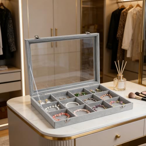 Wudygirl 12 Grid Jewelry Organizer Velvet Jewelry Tray with Clear Lid Jewelry Box Bracelet Holder Display Case Storage Bracelets Rings Earrings Organizer (12 Grid) - color: Gray, size: 12 Grid