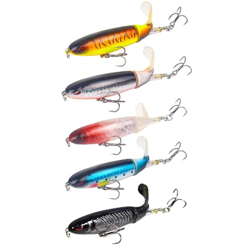 Popper Top Water Fishing Lure: Whopper Fishing Lures with Floating Rotating Tail Barb Treble Hooks Saltwater Freshwater for Bass - color: 5pcs 2