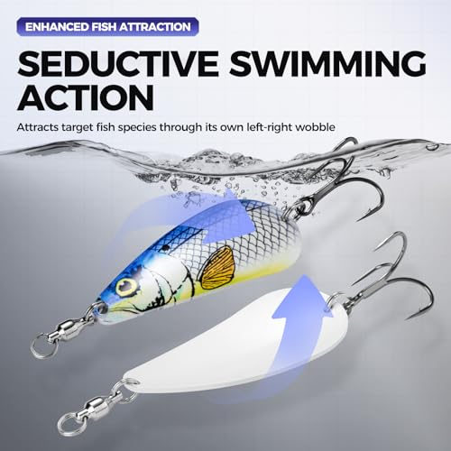 Spinner Spoons Hard Metal Fishing Bait Lures Kit for Pike Walleye Musky Bass Trout-3D Eyes & Treble/Single Hooks with Tackle Box in Freshwater and Saltwater - color: Color A-5PCS