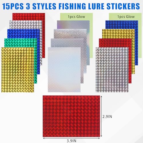 15pcs Fishing Lure Stickers Holographic Adhesive Fish Scale Lure Tape for DIY Jigs Spoons Metal Baits Lure Making Supplies