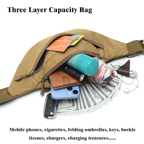 Ultralight Waterproof Fanny Pack for Men Women, Oxford Cloth Sport Waist Bag with 3 Pockets, Durable Adjustable Sling for Running Hiking Travel, 10" x 3" x 5.2" (Khaki) - color: Brown