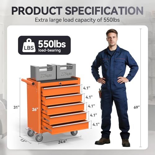 5-Drawer Rolling Tool Chest with Wheels, Metal Tool Storage Cabinet with Lock&Keys and Swivel, Toolbox with Drawers, Tool Box for Warehouse,Garage, Repair Shop, Workshop (Orange, 5-Drawer) - color: Orange, size: 5-Drawer