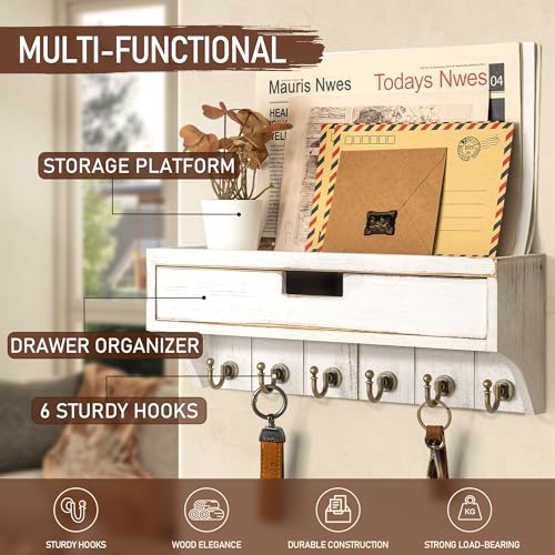 Rebee Vision Pine Wood Key Holder Wall Mount with Drawer Organizer for Farmhouse Decor – Mail Organizer with 6 Sturdy Key Hooks and Storage Drawer – Room Decor for Apartment Essentials (Whitewash) - color: Whitewash, style: 1-Drawer