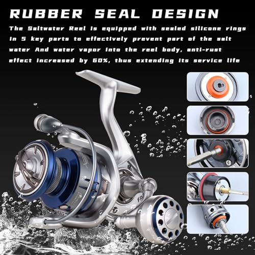 Saltwater Spinning Reel,13+1BB Ultra Smooth Saltwater Fishing Reels,Powerful Carbon Drag,CNC Aluminum Spool & Handle - color: silver&blue, size: 5000