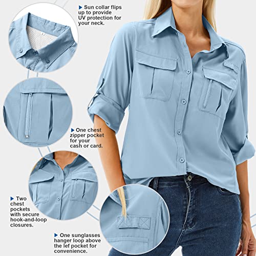 Women's UPF 50 Long Sleeve Sun Protection Shirts Safari Fishing Hiking - color: Blue, size: X-Small