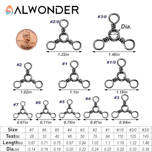 Alwonder 100-Pack 3 Way Swivels Fishing Tackle, 28-143LB Stainless Steel Black Nickel Three Way Swivel Fishing Swivels Connectors Saltwater Freshwater Surf Deep Drop Catfishing Rigs Tackle - size: #2-75LB-100 Pack