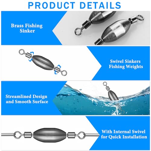 Seenelling 20 Pcs Brass Fishing Sinker Swivel Fishing Weights Saltwater Bullet Sinkers Drop Shot Weight Egg Sinkers with Swivel Rolling Removable Freshwater - size: 1/4 oz