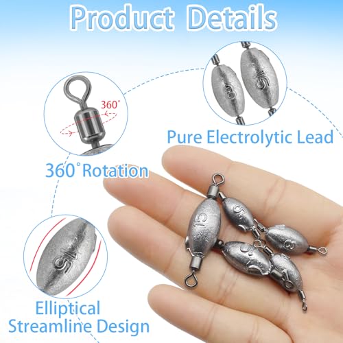 Fishing Weights Sinkers Inline Trolling Fishing Sinkers Egg sinkers with Inner Swivels Oval Drop Lead Fishing Weights for Saltwater Freshwater Fishing - size: 25pcs-mix