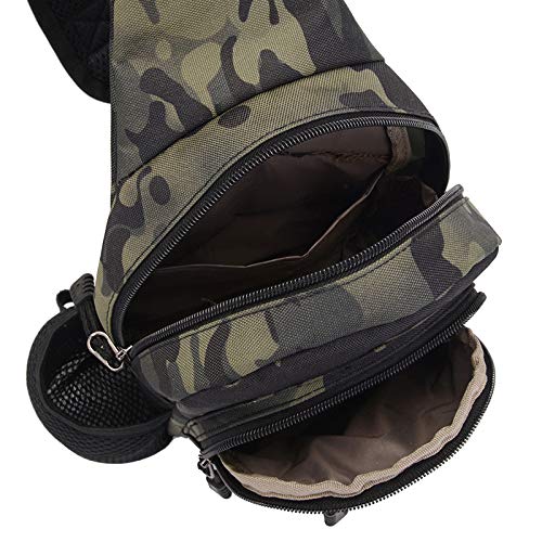 Tactical Chest Sling Bag with Water Bottle Holder & Key Ring Strap, Military Molle Camouflage Backpack for Fishing