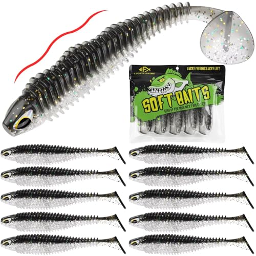 LUCKYFISHING Paddle Tail Swimbaits 10/16/20 PCS Fishing Lures Soft Plastic Lures for Trout Crappie Walleye Soft Baits for Bass Fishing Freshwater Saltwater 4.1/3.5/3/2.5 Inch - color: Black Silver, size: 4.1 inch-10pcs