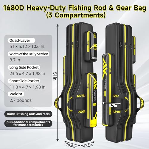 Fishing Rod Case & Bag Triple-Layer - 1680D Oxford, Wire-Reinforced Anti-Deforming, Foldable Portable, Quick-Access Compartments, Fishing Gift for Men Anglers - color: Black, size: 51.18inch, style: Triple - Layer
