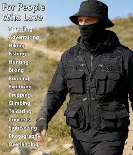 HUNTURE Fishing Vest,Pocket Vest and Hat Gloves Neck Gaiter Set for Men,Lightweight Utility Outerwear Vest - color: Black, size: XX-Large