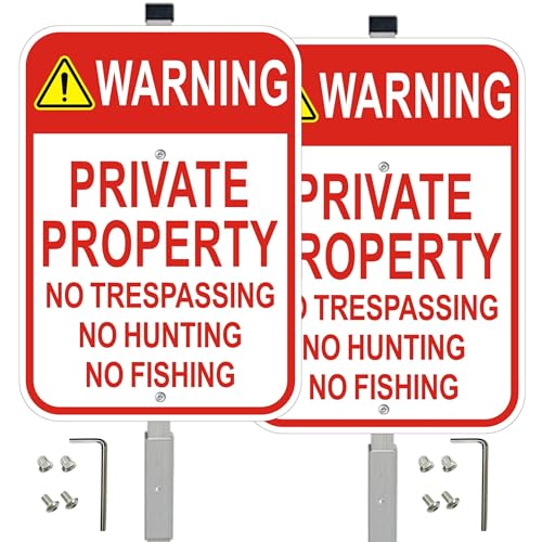 2 Pack Private Property No Trespassing Signs with 36" Metal Stakes, 10x14 Inches, Reflective Aluminum, No Hunting No Fishing Signs - style: 2 Pack-10"x14" with 36" Stakes