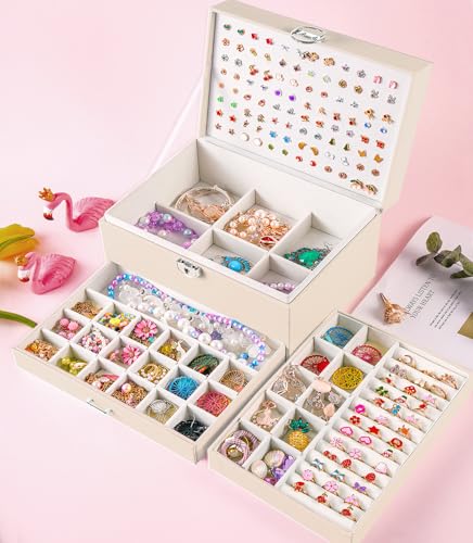 QBestry Earrings Jewelry Box for Girls, 5 Layers Jewelry Organizer with Earring Holder Organizer for Girls Earring Organizer Jewelry Boxes for Women Earrings and Necklaces Jewelry Box Organizer Beige - color: Beige, size: Large