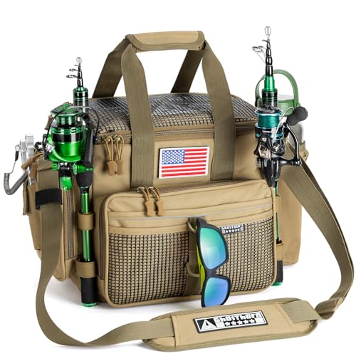 Ghosthorn Fishing Tackle Bag with Rod Holder Saltwater & Freshwater Resistant Tackle Box Bag - Adjustable Padded Shoulder Strap (Khaki) - color: Khaki, size: Standard