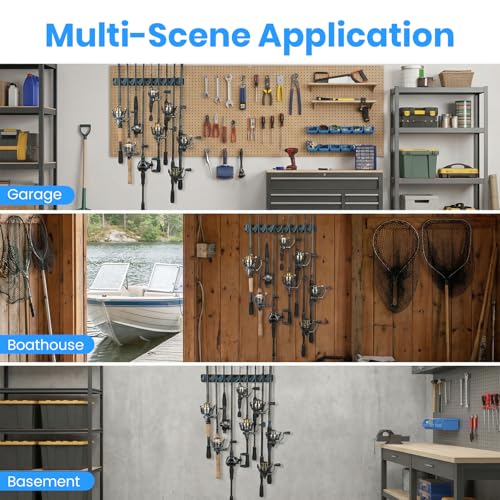9-Rod Fishing Rod Holder Wall Mounted, Fishing Pole Holders Rack Holds Up to 9 Rods or Combos, Vertical Fishing Rod Rack Storage for Garage, Space Saving Rod Holder for Home, Shed, Basement