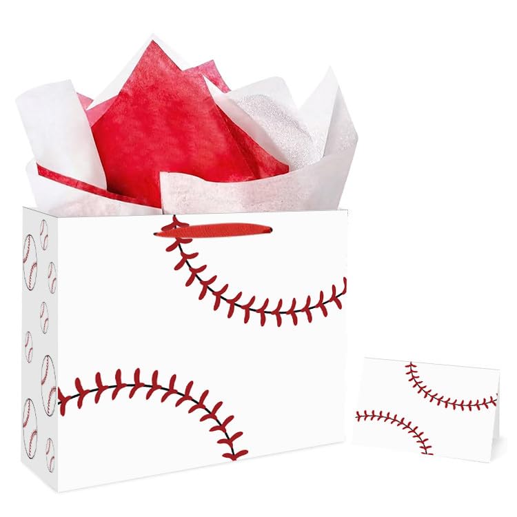 Hooqict Baseball Gift Bag Baseball Birthday Party Gift Wrapping Bag with Handles, Tissue Paper, Greeting Card for Kids Boys Men Sport Themed Birthday Party Favors Supplies - color: White Baseball