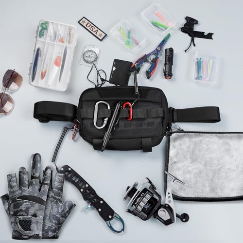 Outdoor Chest Bag for Men, Water-Resistant Fishing Chest Pack, Tactical Vest for Running, Cycling, Hiking - color: Black