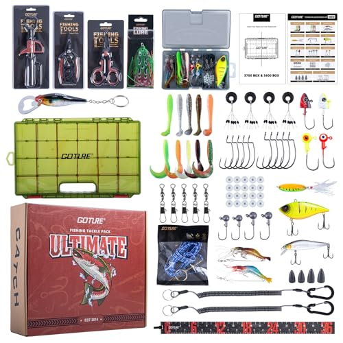 Goture Fishing Lures with Tackle Box and Fishing Tool Kit Set for Men Women, Include Fish plier, Braid Scissors, Fishing Gripper, Fish Ruler with Gift Box - color: Gift Boxed, size: Tools Set+66pcs Lure Kit (NO SCALE)