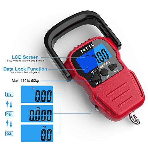 HEETA Fish Scale with Backlit LCD Display, Up to 110lb/50kg Digital Portable Hanging Fish Weight Scale with Hook & Measuring Tape for Home, Farm, Outdoor, Hunting, Fishing, 2 AAA Batteries Included - color: Red