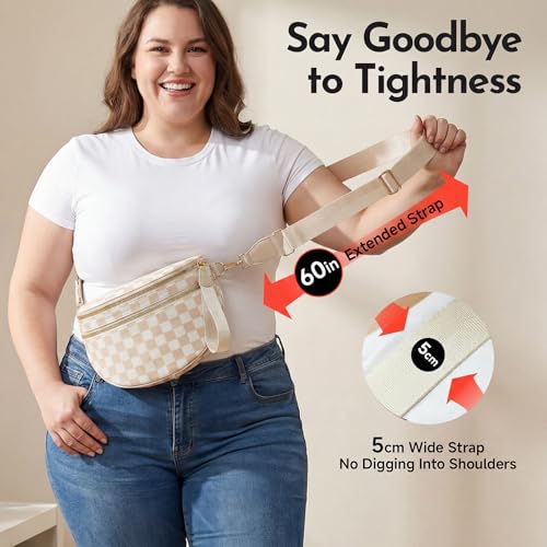Crossbody Bags for Women, Spacious Nylon Belt Purse Fanny Packs, Crescent Oversized Checkered Bum Bag (Checkered - Beige) - color: Checkered - Beige