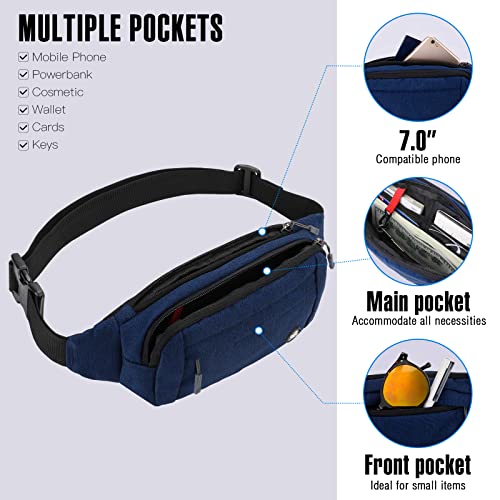 WATERFLY Fanny Pack Waist Bag: Small Hip Pouch Bum Bag Fannie Pack Phanny Fannypack Waistpack Bumbag Beltbag Sport Slim Fashionable for Jogging Hiking Hiker Woman Man - color: Navy Blue