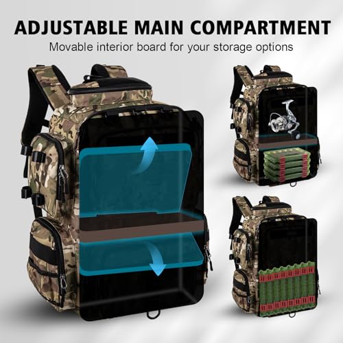 Goture Fishing Backpack,900D Water-Resistant Tackle Backpack with Rod Holders, SBS Zippers,45L Large Fishing Bag Storage Gear Tackle Bag with Rain Cover, Bottle Holder for Travel Camping Hiking - color: A1:A1 Camo(Only Bag), size: Without Tackle Boxes