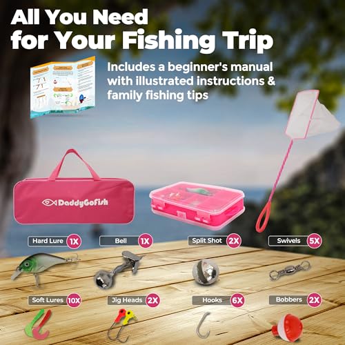DaddyGoFish Kids Fishing Pole - Rod Reel Combo Tackle Box Starter Set - First Year Small Gear Kit for Boys Girls Toddler Youth Age Beginner Little Children - color: 2 Pack- Blue + Pink (Essential Set), size: 5ft