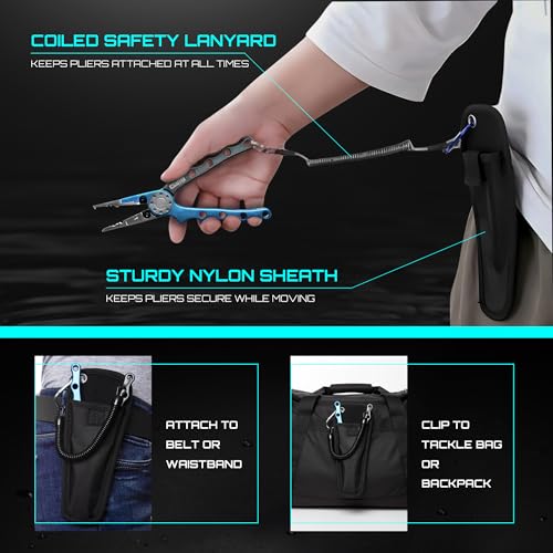 Gaffer Sportfishing Aluminum Fishing Pliers - Stainless Steel Titanium-Coated Jaws, Braided Line Cutters & Split Ring Tip - Non-Slip Grip, Nylon Sheath & Lanyard for Saltwater or Freshwater Use
