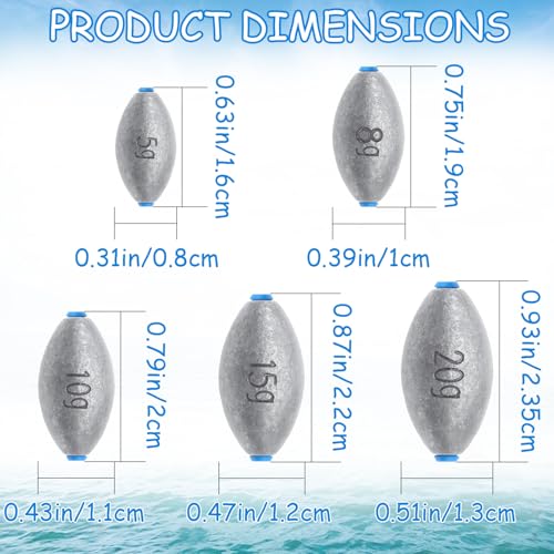 Egg Fishing Sinkers Weights Assortment, 26pcs 5/6 Size Bullet Fishing Weights Lead Oval Shape Bass Casting Worm Bullet Tackle for Saltwater Freshwater Fishing - size: 5 sizes-26pcs