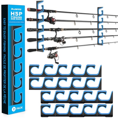 PLUSINNO H5P Fishing Rod/Pole Holders for Garage, Wall or Ceiling Mounted Fishing Rod Holder with Soft Protective Pad, Fishing Rod Storage Organizer Holds up to 5/10/20 Rod or Combos or Nets - color: 2 Pack hold up 10 rods