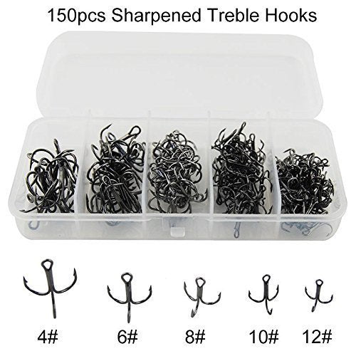 Fishing Treble Hooks Assortment, Sharp Brabed Triple Fishing Hooks Set High Carbon Steel Round Bend for Trout Catfish Lures Freshwater Saltwater, Assorted Size 4 6 8 10 12 - style: 150pcs Black Treble Hooks Set
