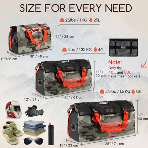 OSAH DRYPAK Waterproof Duffel Bag - Motorcycle Dry Bag Tail Bag with Large Storage Space, Waterproof Luggage Duffle Bags with Outer Mesh Zipper Pocket for Camping, Kayaking, Fishing & Traveling - color: Camouflage, size: 25L