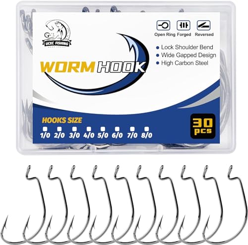 UCEC Fishing Hooks Offset Shank Worm Hooks Extra Wide Gap 2X Strong Carbon Steel Bait Jig for Bass Fishing Trout Catfish Saltwater Freshwater 1/0 2/0 3/0 4/0 5/0 30pcs/Box - size: 1/0 30pcs