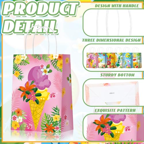 Kosiz 24 Pcs Hawaiian Party Favor Bags Summer Beach Luau Gift Goodie Paper Bags with Handle Aloha Tropical Treat Handbags Tiki Candy Pouch for Hawaii Luau Birthday Party Decoration Supplies - style: Summer