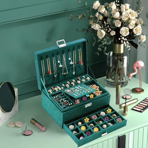 QBestry Jewelry Box for Women with Drawer, 3-Layer Large Jewelry Organizer with Lock & Key, 8 Necklace Hooks & 56 Earring Holes, Green Velvet Jewelry Storage Box for Necklaces Earrings Rings Bracelets - color: Emerald Green