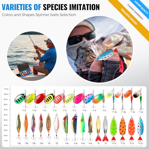 PLUSINNO Fishing Lures Spinner baits for Bass - 16/32 pcs Spinner Lures Kit with Portable Carry Bag, Hard Metal Spinner Baits for Trout - color: 32pcs spinner set with box
