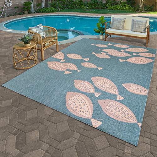 Gertmenian Indoor/Outdoor Flatweave Area Rug - 6x9 Medium, Stain & UV Resistant, Ideal for Deck, Patio, Poolside, Mudroom - Exotic Fish, Oasis, 22252 - color: Exotic Fish Oasis Green, size: 6'6" x 9'6" (Rectangular)