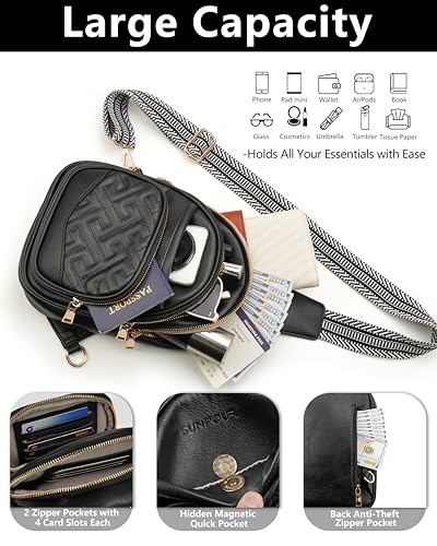 Anti Theft Crossbody Bags for Women RFID Leather Sling Purses,Crossbody Bags Travel Leather Fanny Pack for Women - color: Black