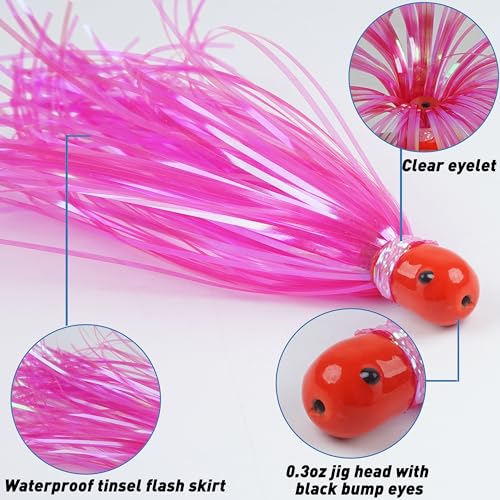 Mylar Skirt Trolling Lures 5.2in Fishing Mylar Skirts Trolling Teasers 3/8 oz Weighted Bullet Head Skirted Trolling Lures with Through-Hole for Mahi Tuna Wahoo Offshore Fishing - color: White_8pcs